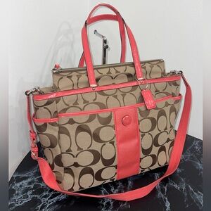 Coach Coral Brown Large Logo Vintage Tote Bag Crossbody Diaper Bag AUTHENTIC